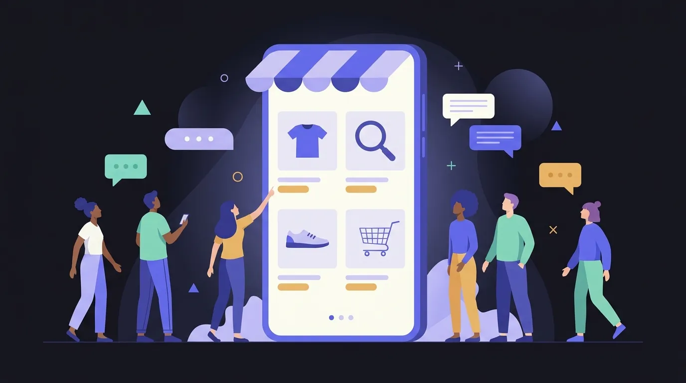 Vitrine digital em forma de tela de celular gigante, com pessoas olhando produtos, lupa de busca, carrinho e balões de conversa