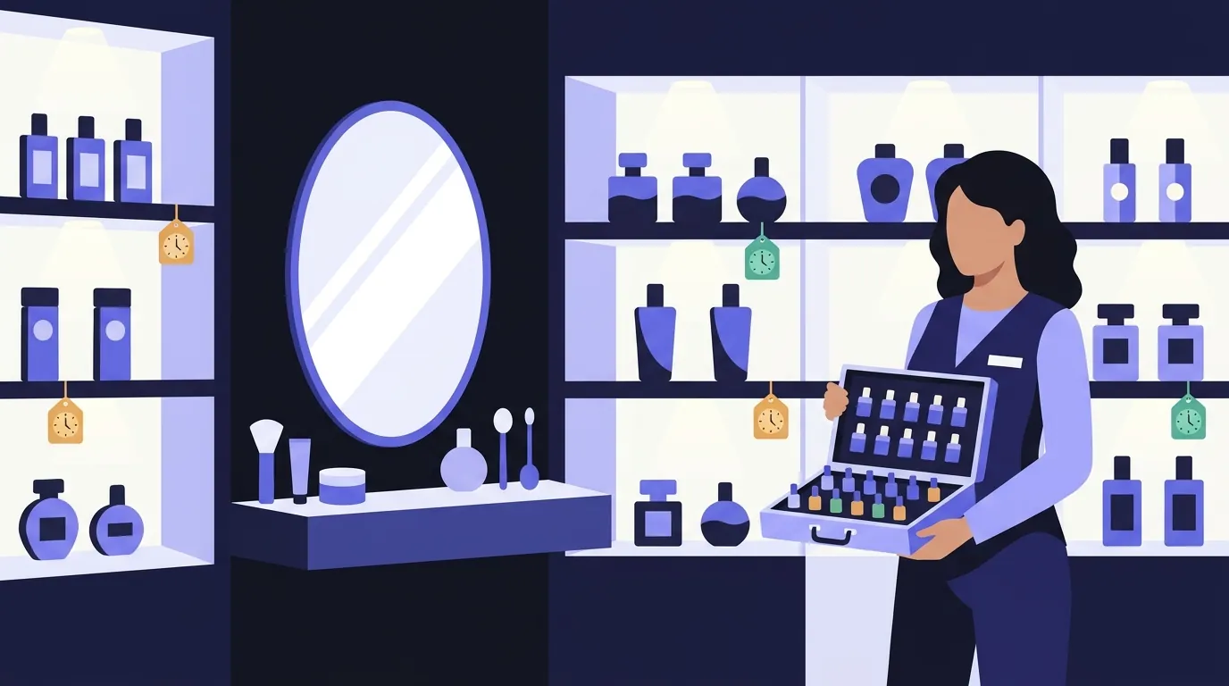 Loja de cosméticos com frascos em vitrines iluminadas, estação de testes com espelho e etiquetas de validade como pequenos relógios