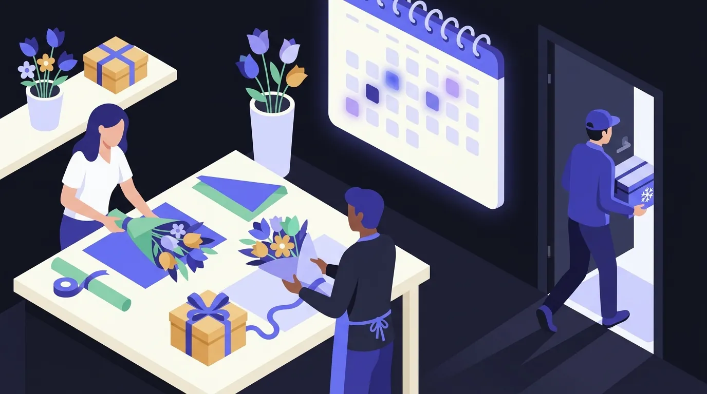 Floricultura embalando buquês e caixas de presente, com calendário de datas em destaque e entregador saindo com caixa refrigerada