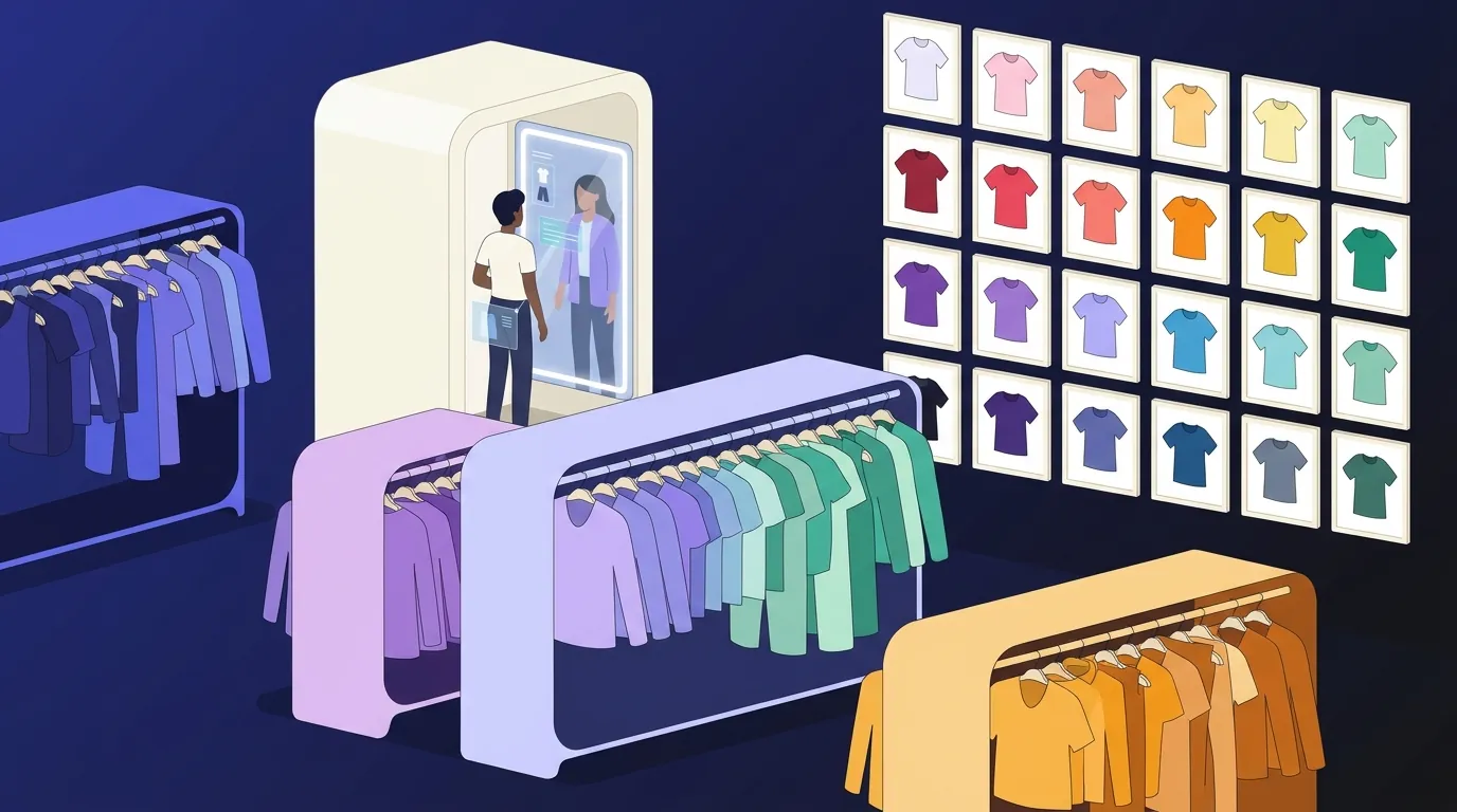 Loja de moda com araras por cor e tamanho, provador com espelho digital e grade de variantes de uma peça em várias cores