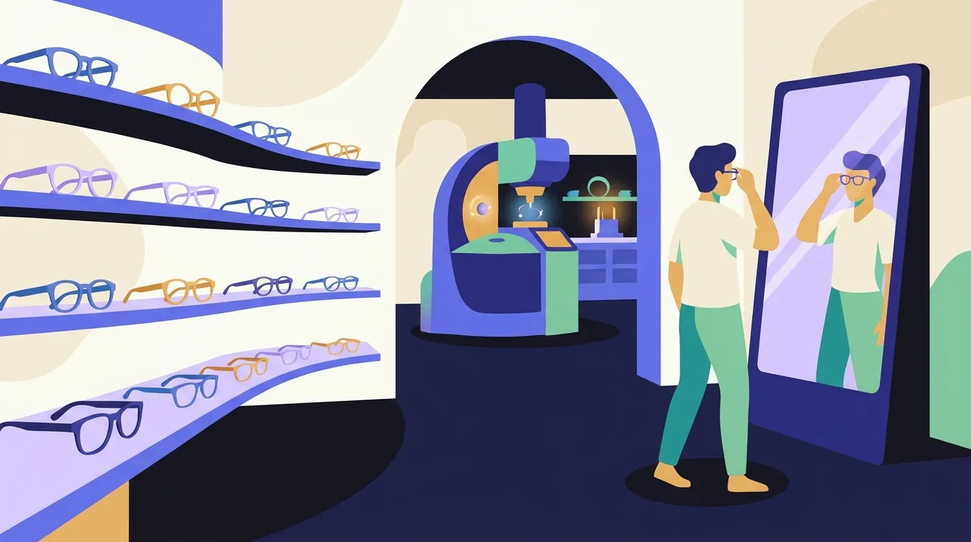 Ótica com armações expostas, laboratório de lentes ao fundo e cliente fazendo prova virtual de óculos em espelho digital