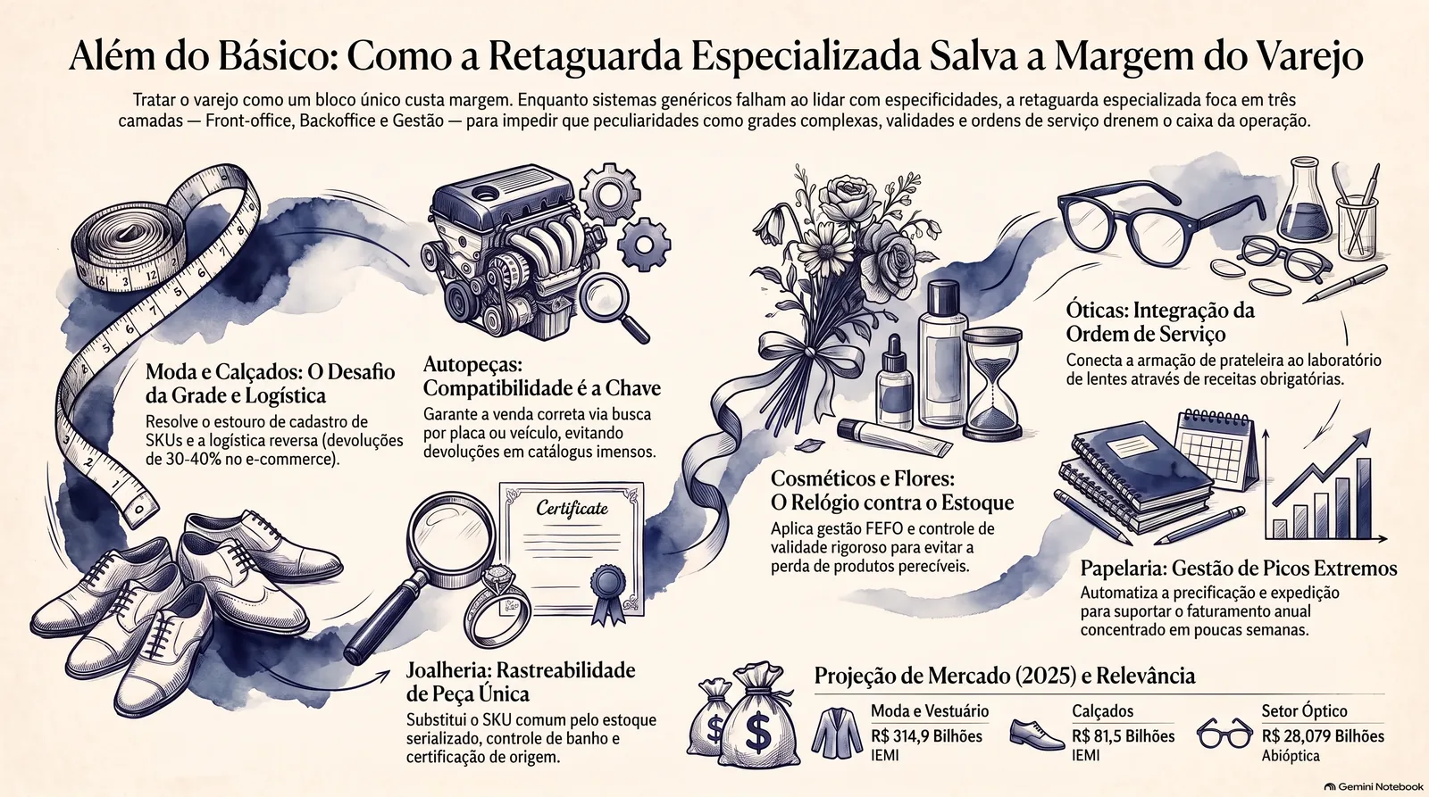 Infográfico: as oito verticais do varejo e o que a retaguarda especializada resolve em cada uma (grade e logística em moda e calçados, compatibilidade em autopeças, validade em cosméticos e flores, ordem de serviço em óticas, picos em papelaria, peça única em joalheria), com o tamanho de mercado de moda, calçados e óticas em 2025