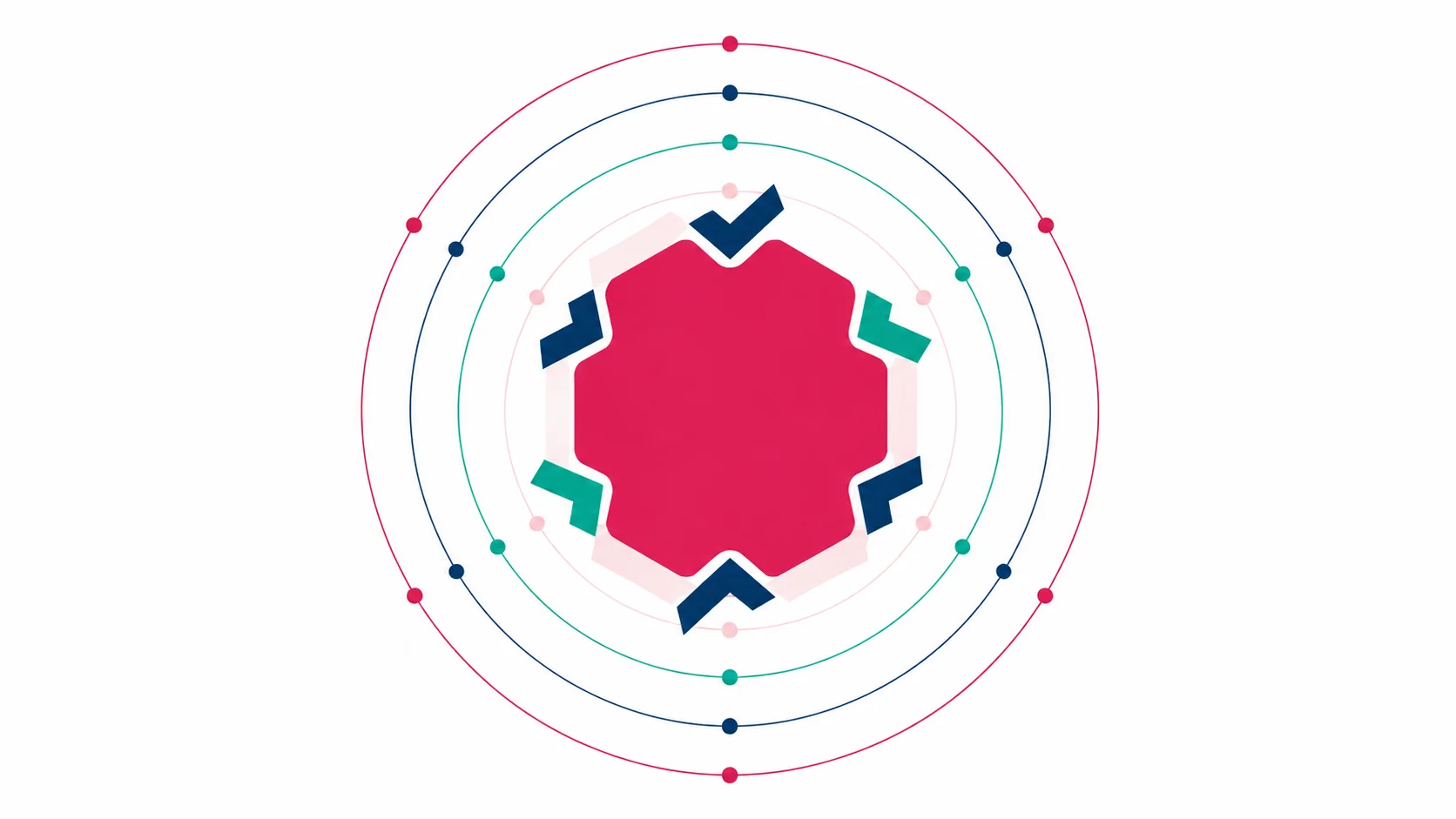 Ilustração: uma forma central sólida em rosa, com fichas angulares de verificação encaixadas na borda, cercada por quatro anéis concêntricos finos marcados por pontos.