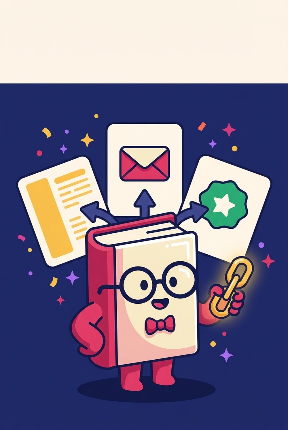 Capa do e-book Republicar com link canônico, ilustração no estilo de aplicativo de lições com o mascote do guia