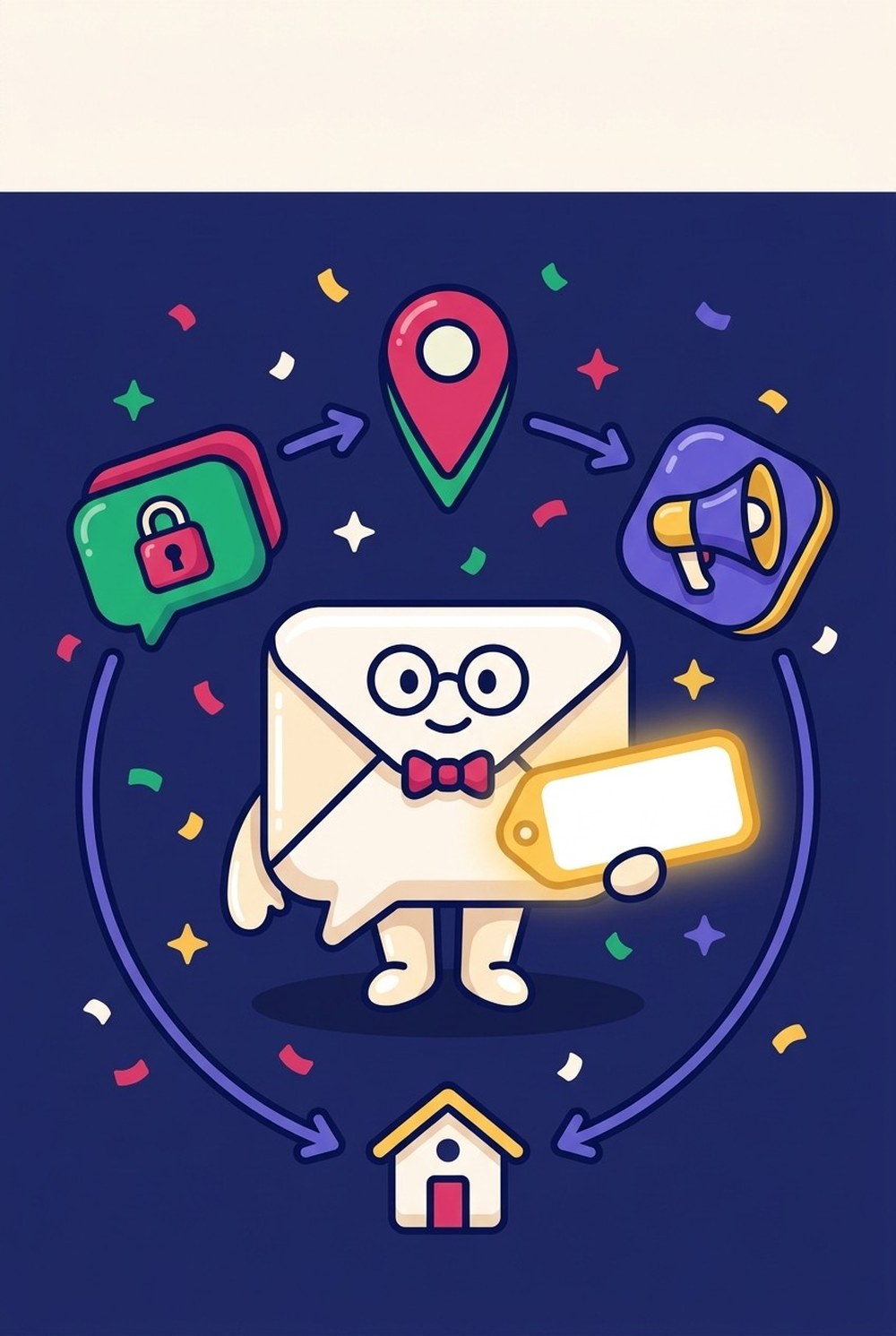 Capa do e-book Três canais, uma peça, um link marcado, ilustração no estilo de aplicativo de lições com o mascote do guia