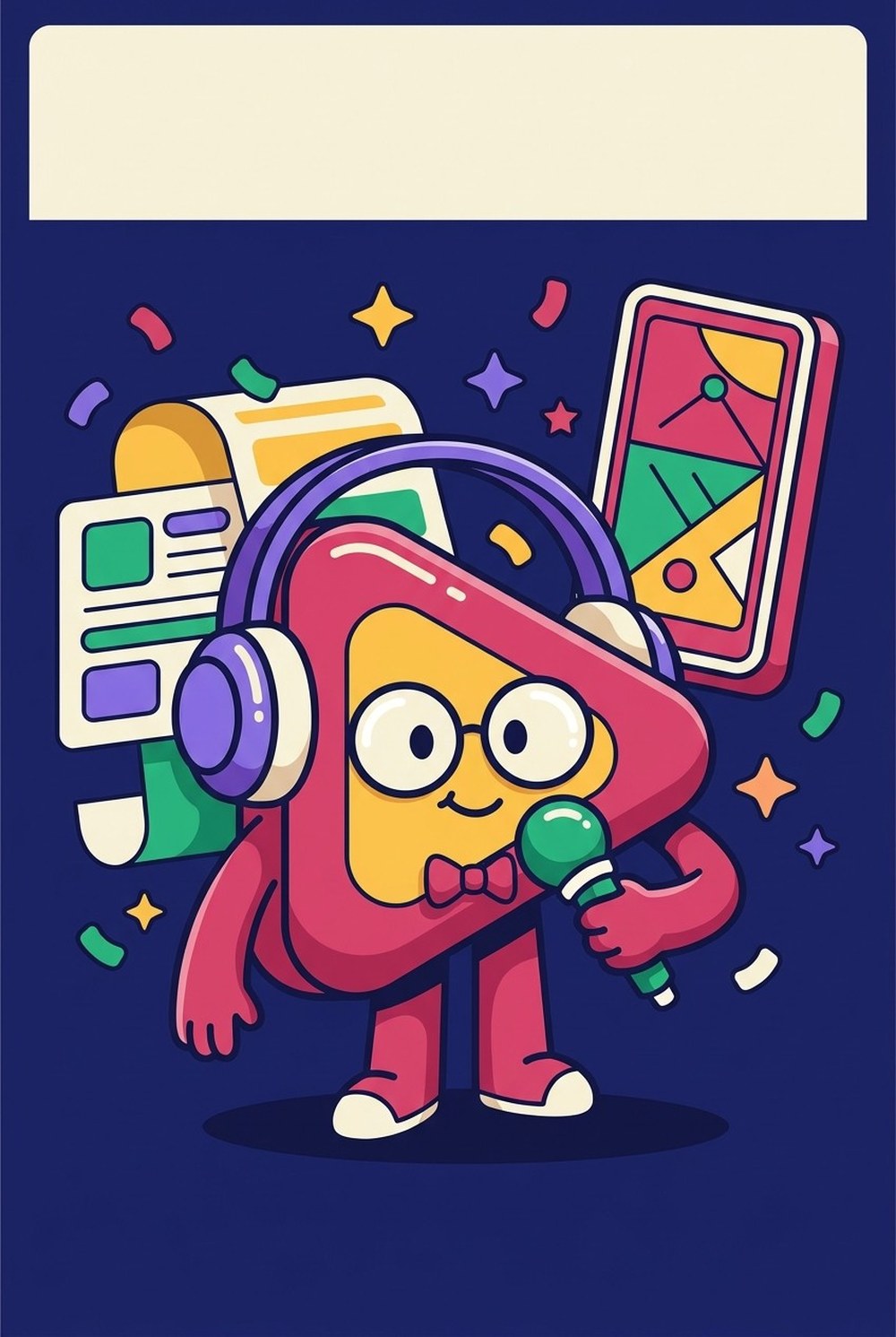 Capa do e-book Vídeo lido, áudio publicado, ilustração no estilo de aplicativo de lições com o mascote do guia