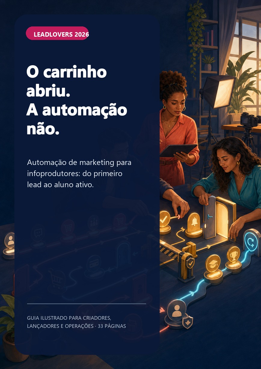 Capa do e-book O carrinho abriu. A automação não., com Marina, Caio e Luiza reorganizando eventos de checkout, acesso e saída
