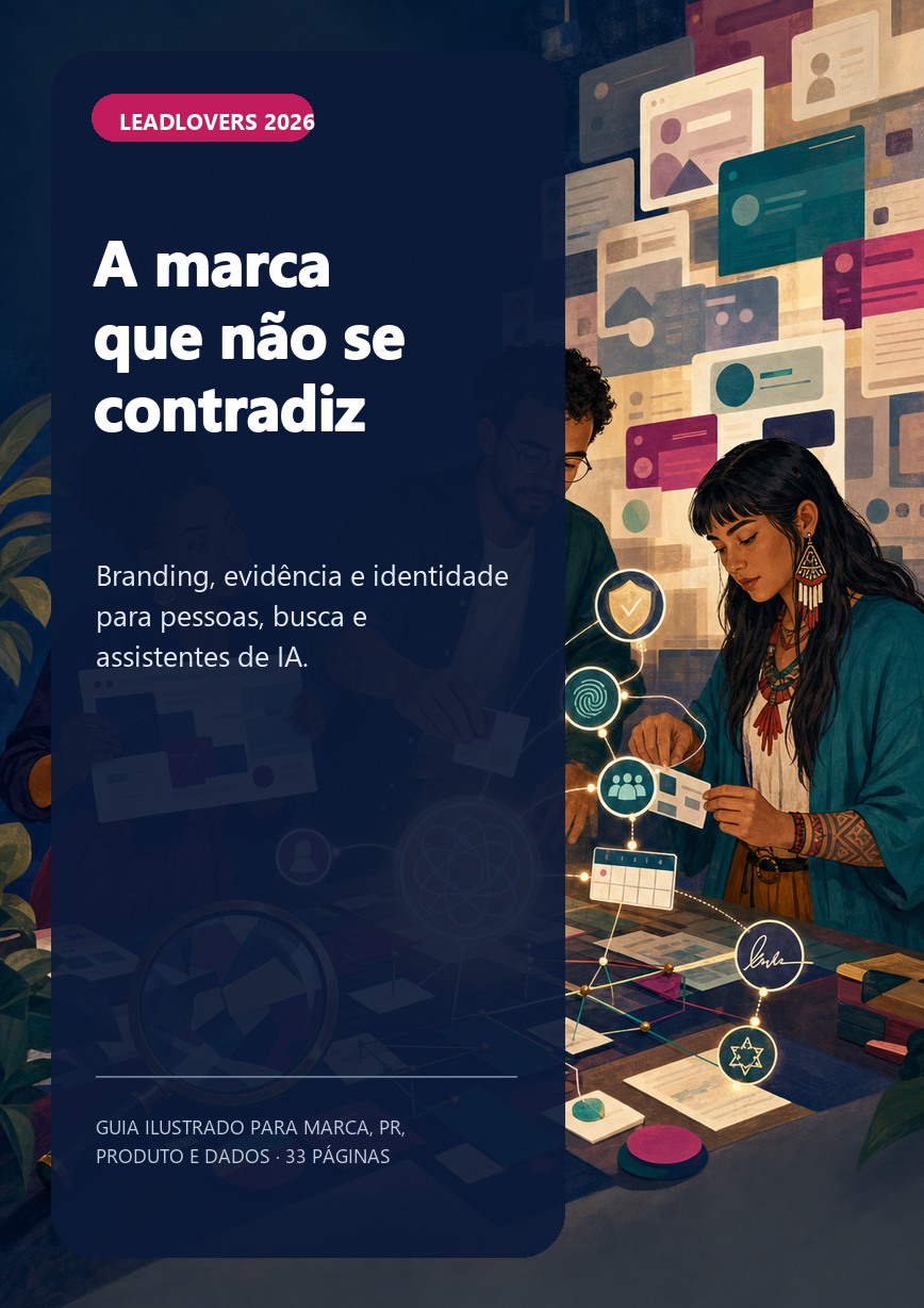 Capa do e-book A marca que não se contradiz, com três profissionais conectando fatos, fontes, autoria e consistência da marca