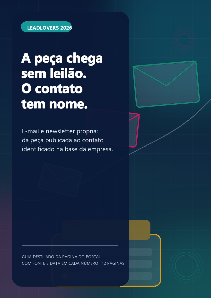 Capa do guia A peça chega sem leilão, com envelopes ilustrados em voo até uma bandeja de entrada sobre fundo azul-escuro