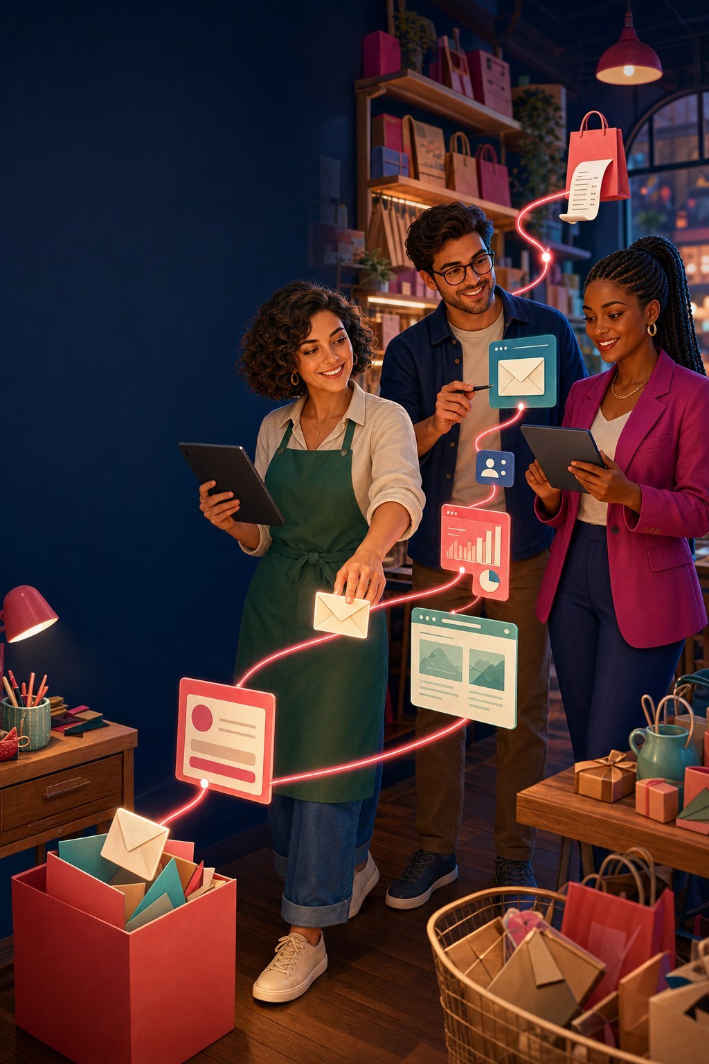 Capa do e-book E-mail com radar, com Clara, Nando e Bia seguindo o caminho iluminado de uma mensagem até a venda