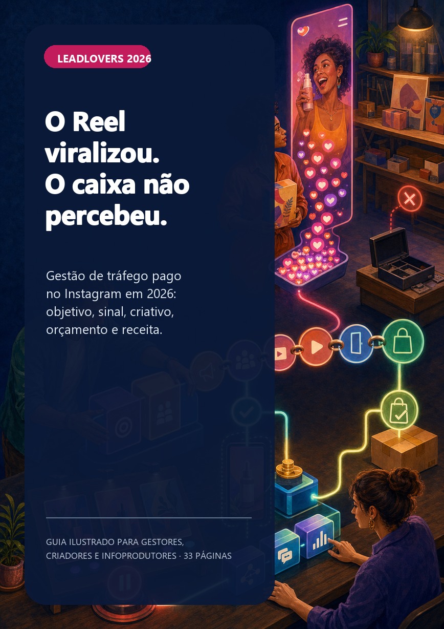 Capa do e-book O Reel viralizou. O caixa não percebeu., com uma empreendedora, um gestor de tráfego e uma analista conectando um vídeo vertical à receita confirmada