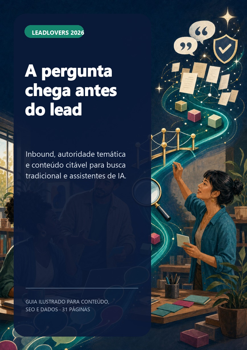 Capa do e-book A pergunta chega antes do lead, com profissionais transformando dúvidas reais de clientes em uma trilha de conteúdo, evidência e autoridade