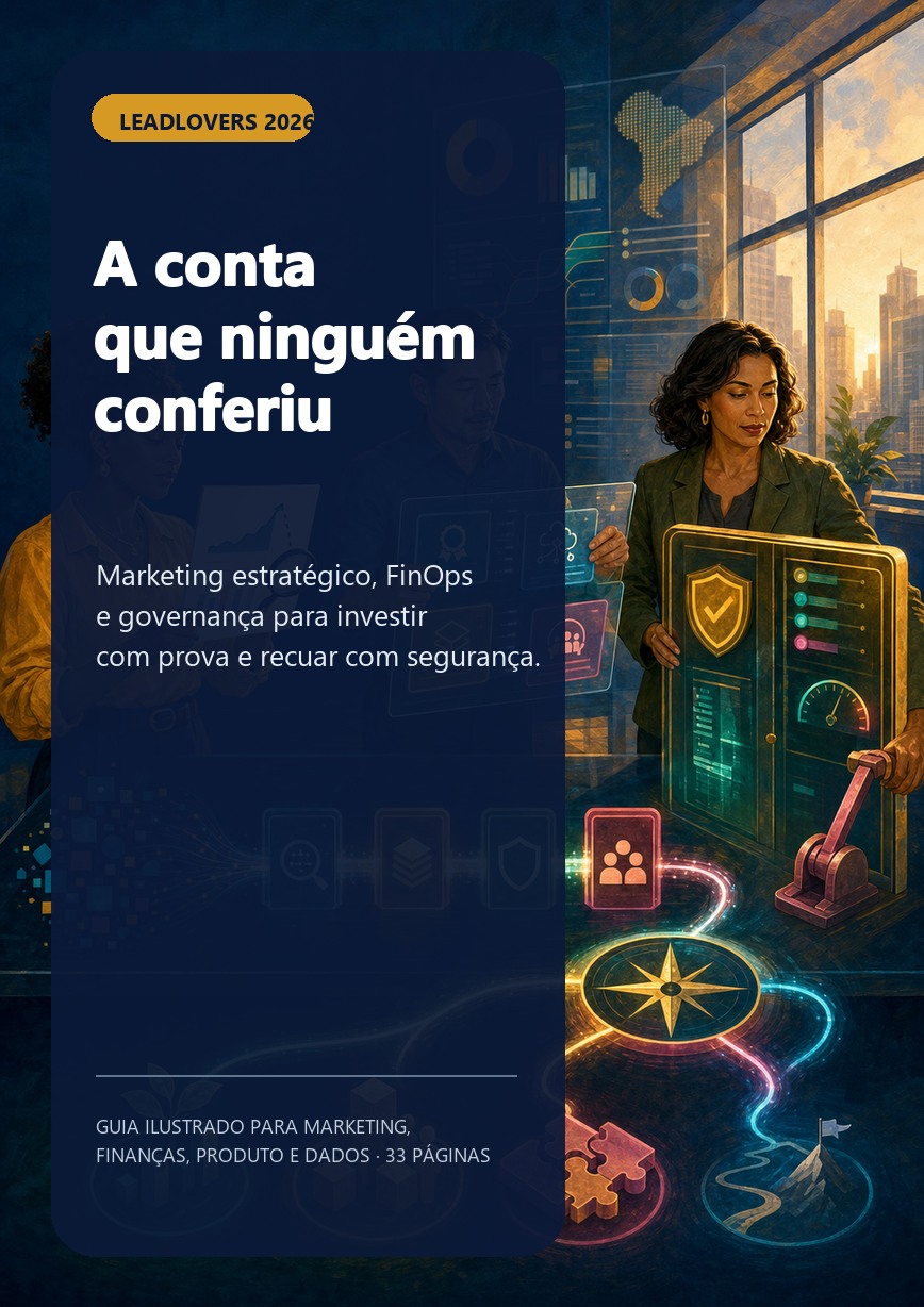 Capa do e-book A conta que ninguém conferiu, com profissionais de marketing, finanças, produto e segurança auditando fonte, custos e controles