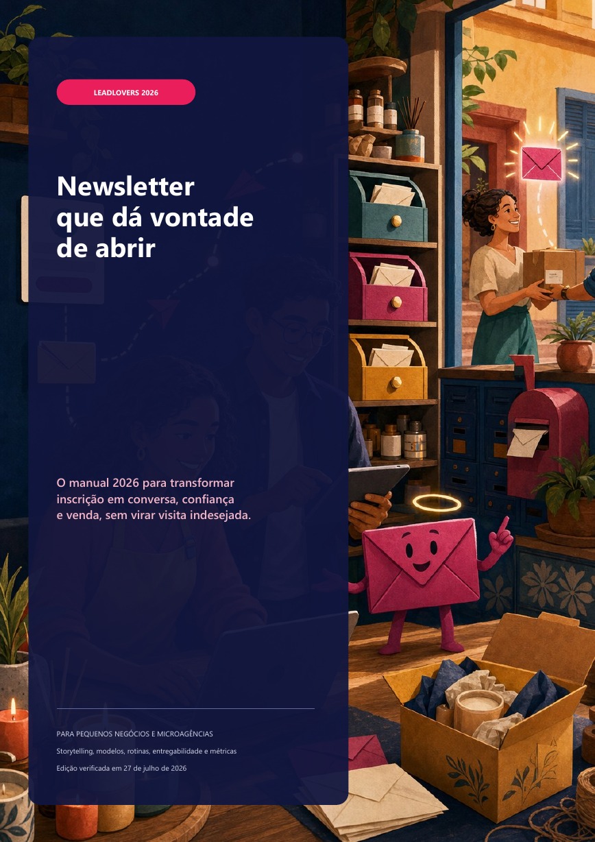 Capa do e-book Newsletter que dá vontade de abrir, com uma pequena empreendedora, um operador de microagência e uma personagem de automação em forma de envelope