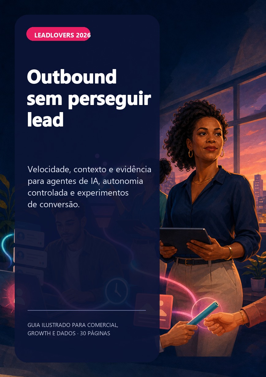 Capa do e-book Outbound sem perseguir lead, com uma líder comercial, um SDR e uma analista de dados conectando contatos, funil e passagem de bastão