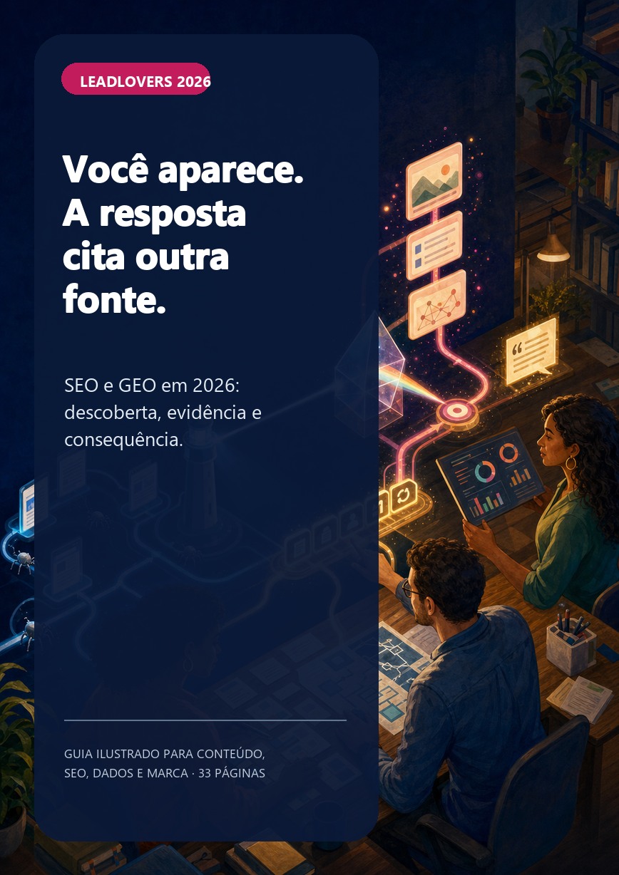 Capa do e-book Você aparece. A resposta cita outra fonte., com três profissionais conectando descoberta, indexação, evidência e citação em respostas gerativas