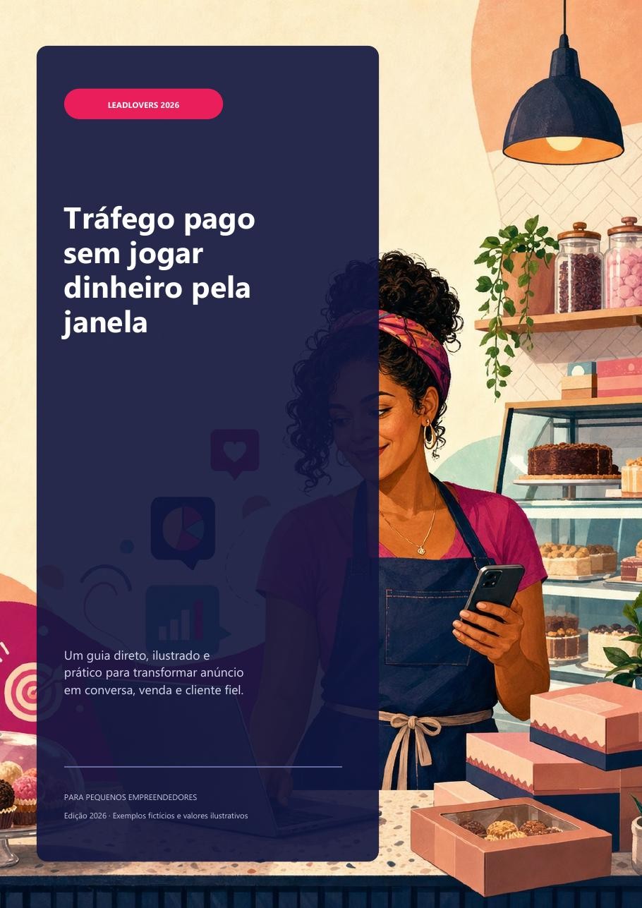 Capa do ebook Tráfego pago sem jogar dinheiro pela janela, com uma pequena empreendedora em sua confeitaria