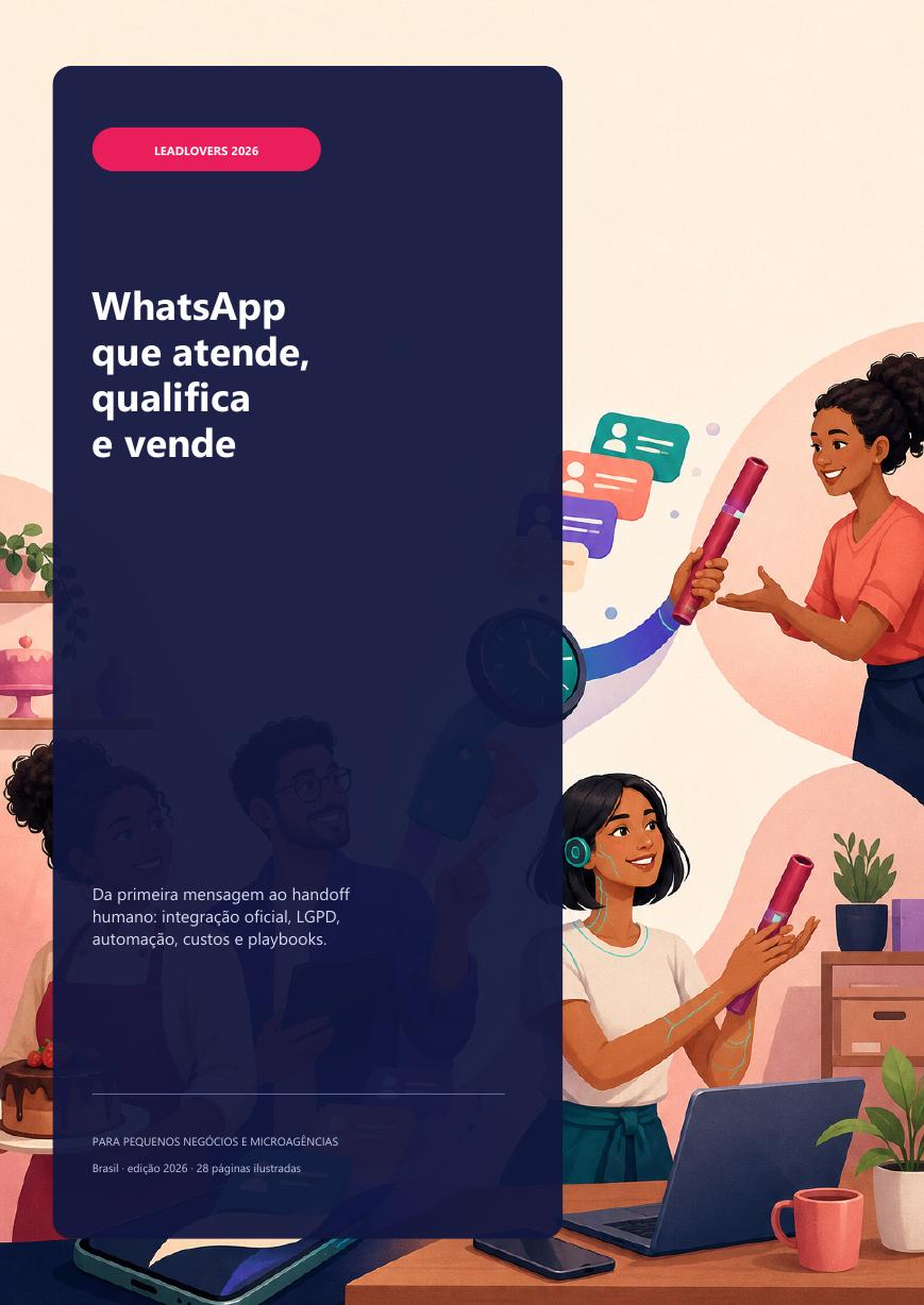 Capa do e-book WhatsApp que atende, qualifica e vende, com personagens de uma pequena empresa e uma microagência