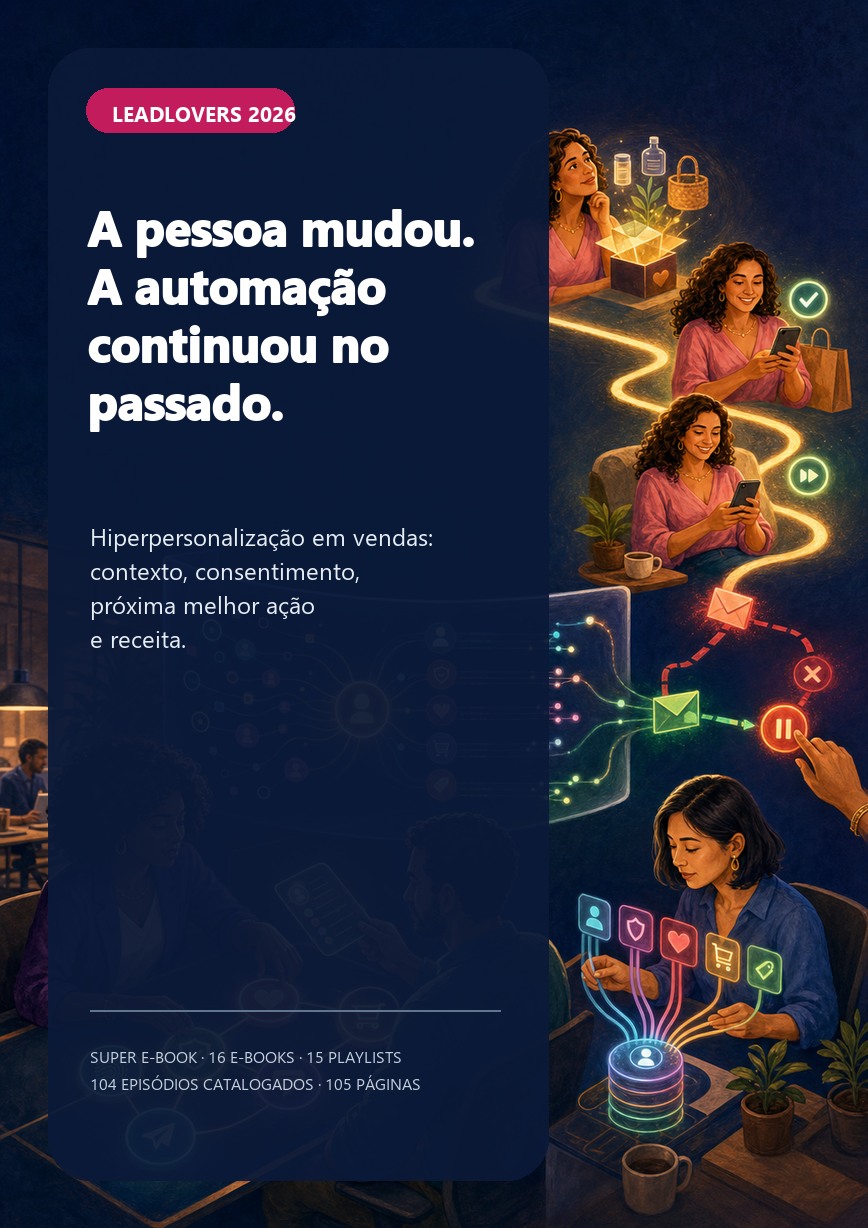 Capa do super e-book A pessoa mudou. A automação continuou no passado, com uma cliente atravessando descoberta, compra e ativação enquanto uma equipe interrompe mensagens conflitantes e escolhe a próxima ação útil