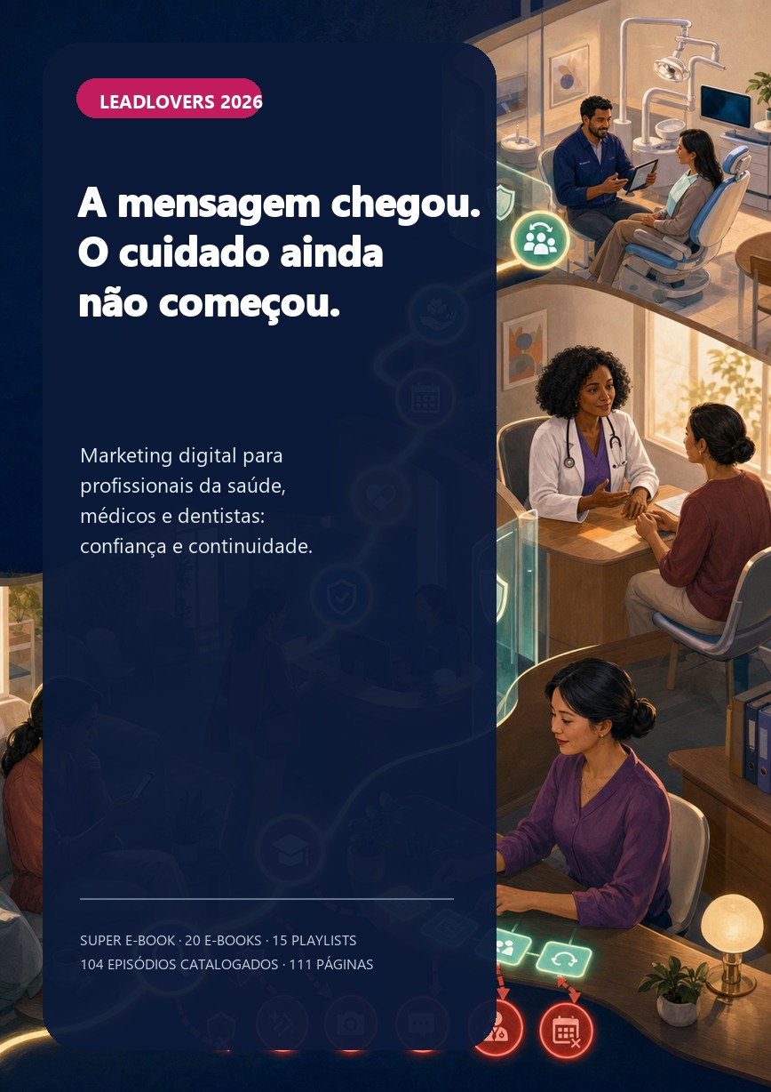 Capa do super e-book A mensagem chegou. O cuidado ainda não começou, com a médica Helena, o dentista Rafael e a gestora Joana conectando descoberta, educação, acolhimento, consulta e continuidade em uma clínica brasileira