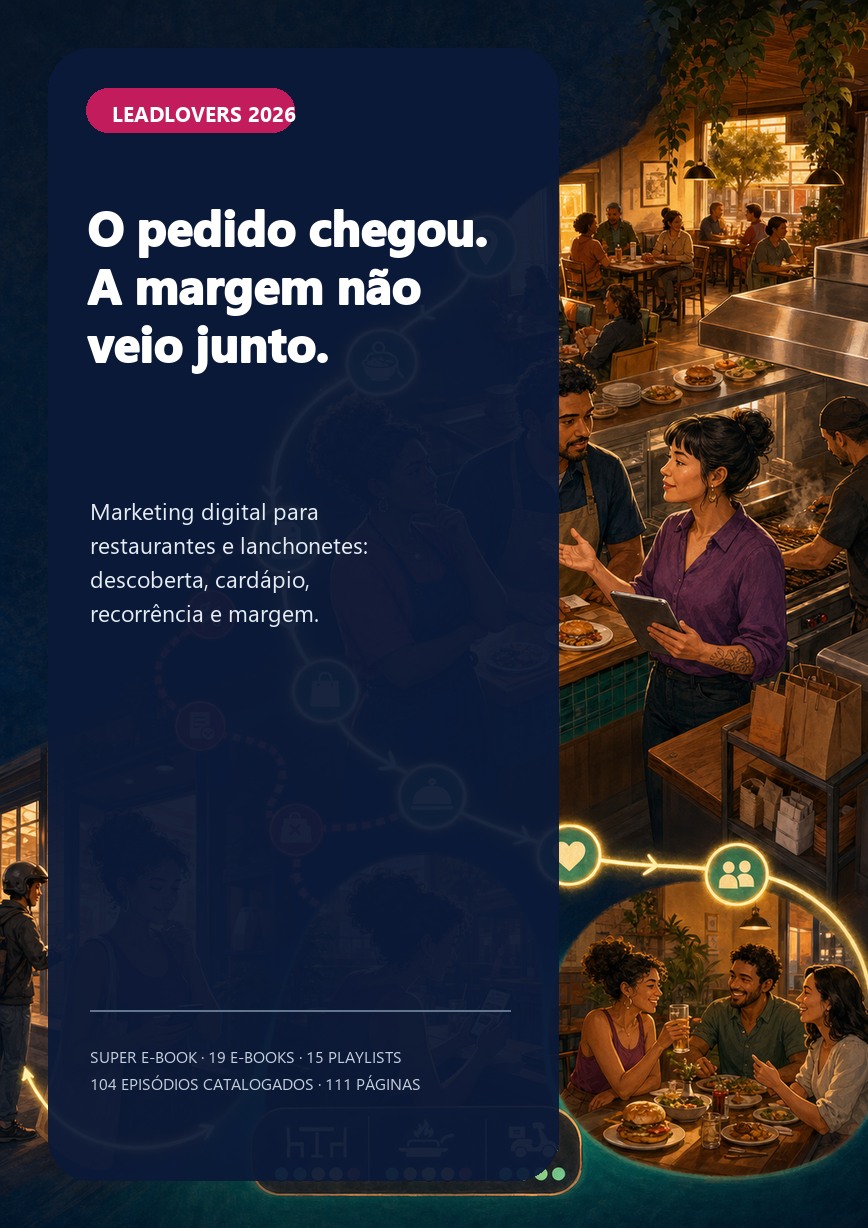 Capa do super e-book O pedido chegou. A margem não veio junto, com Carla, Bruno e Ana Paula conectando descoberta, cardápio, pedido, cozinha, experiência e retorno em um restaurante brasileiro