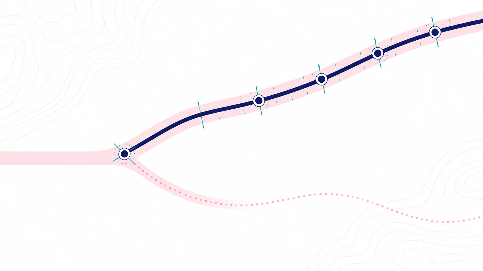 Ilustração cartográfica: um percurso se bifurca; a rota adotada segue em traço sólido azul-marinho, com marcadores circulares e traços de aferição ao longo do caminho, enquanto a rota preterida se dissolve em pontilhado claro.