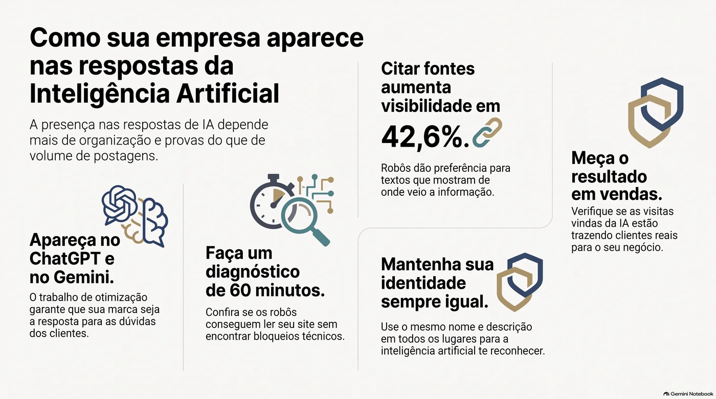 Infográfico sobre como a empresa aparece nas respostas da inteligência artificial, com o dado de 42,6% de ganho ao citar fontes