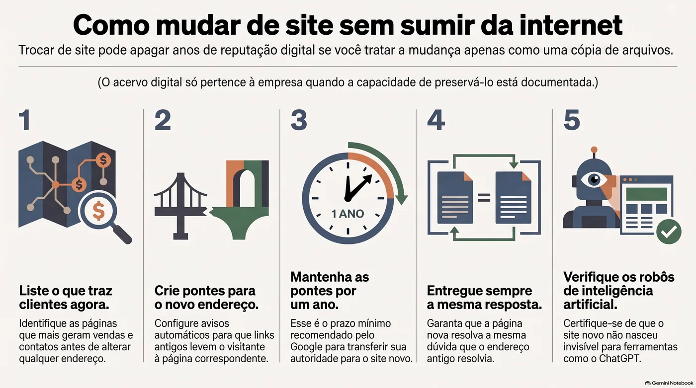 Infográfico em cinco passos sobre como mudar de site sem perder a presença na internet