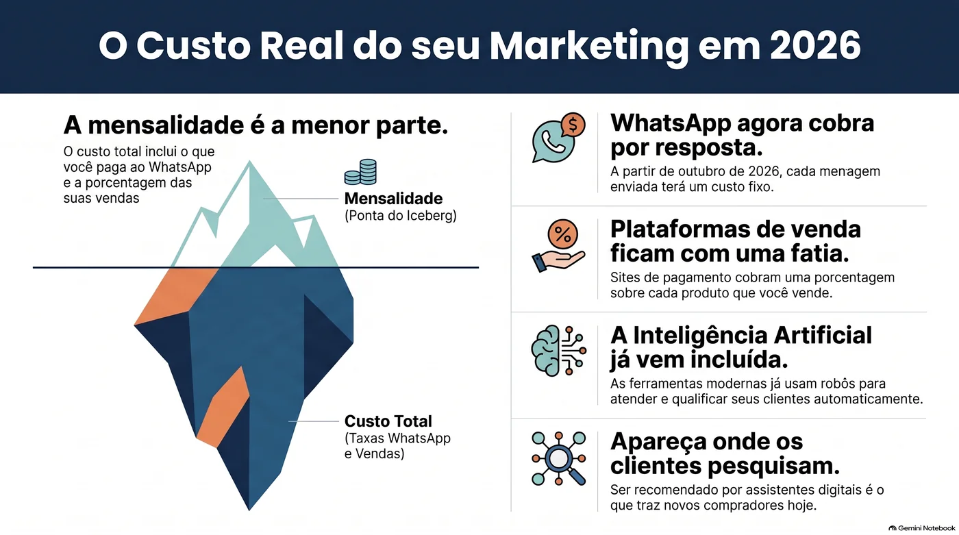 Infográfico em forma de iceberg mostrando que a mensalidade é a menor parte do custo total de marketing