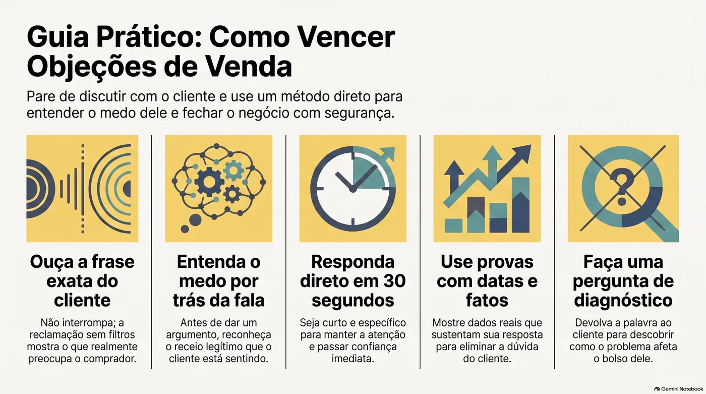 Infográfico com cinco passos para responder objeções de venda: ouvir, entender o medo, responder em 30 segundos, provar e perguntar