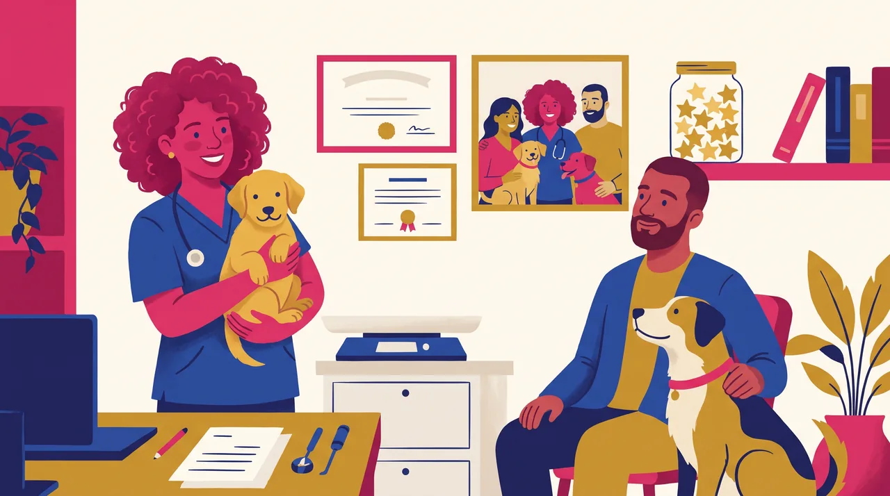 Veterinária segura filhote diante de parede com diploma, foto com clientes e pote de estrelas douradas, cliente observando.