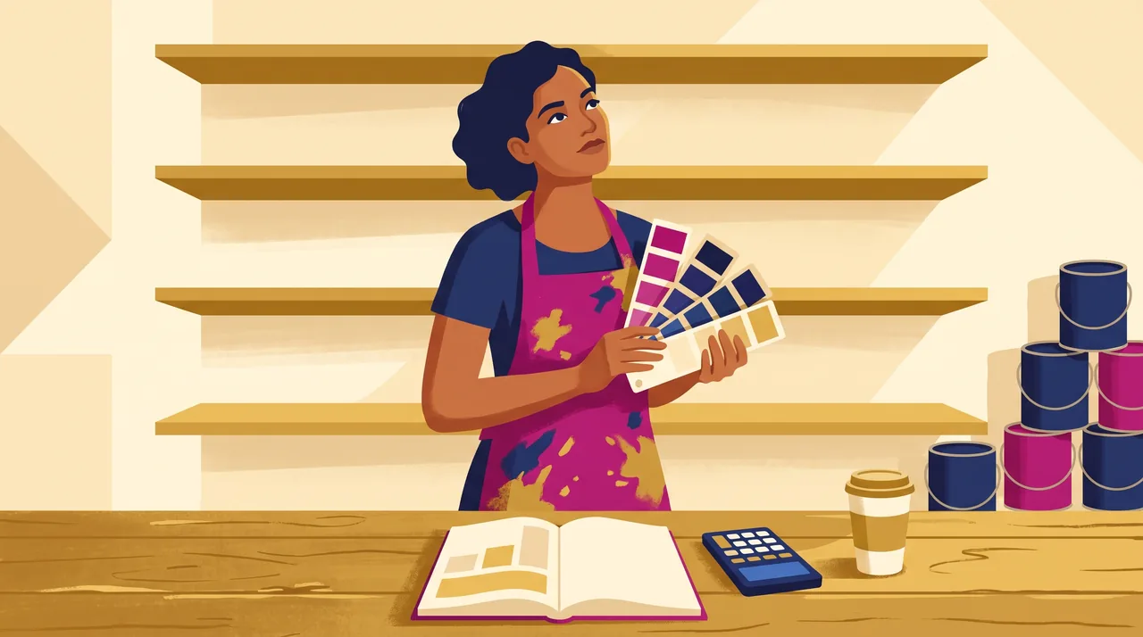 Dona de loja de tintas organiza prateleiras com caixa de amostras na mão e caderno aberto no balcão.