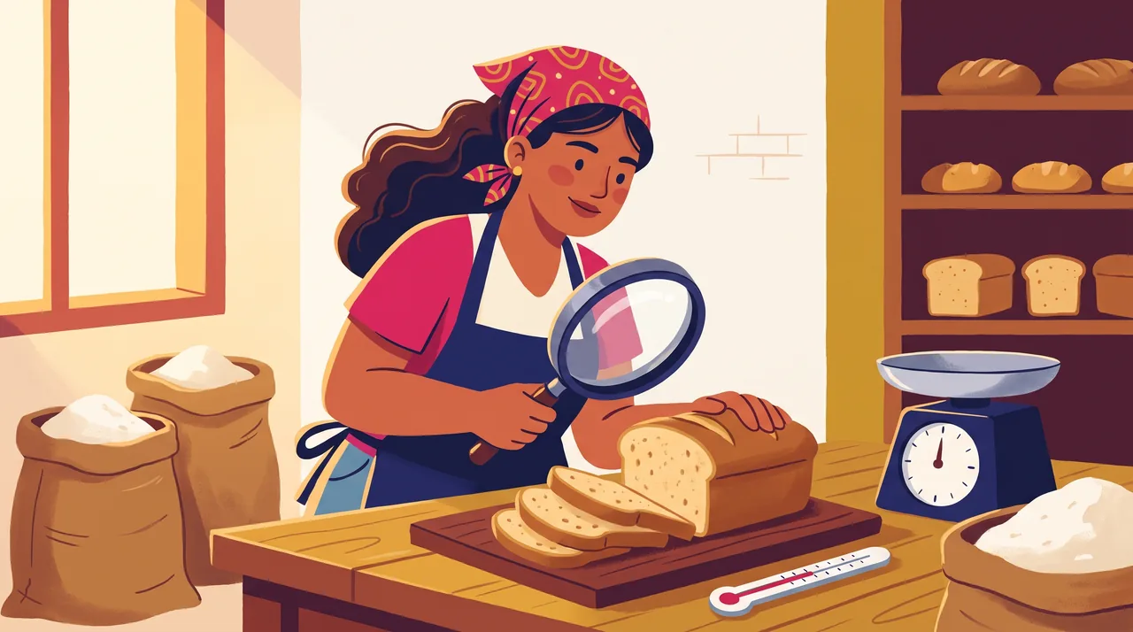 Padeira examina o miolo de um pão fatiado com uma lupa grande, com balança e termômetro sobre a mesa.