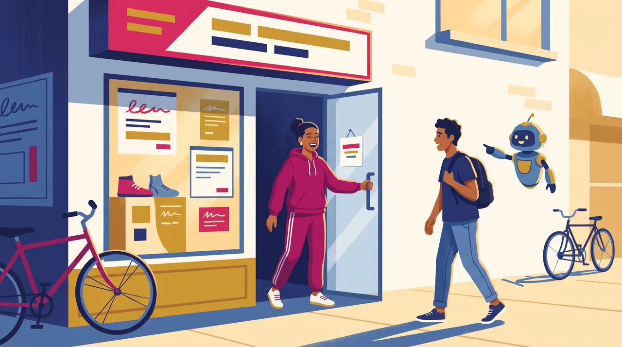 Cliente chega à loja de artigos esportivos guiado por um pequeno robô flutuante enquanto a dona abre a porta.