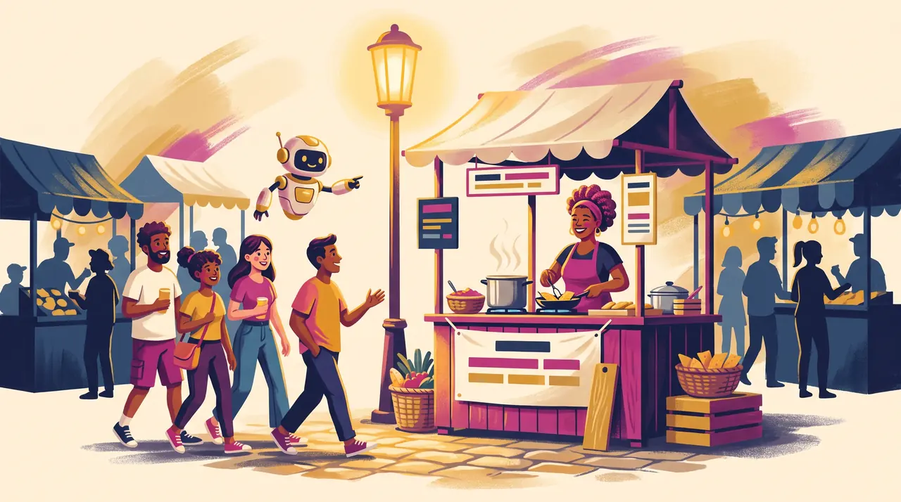 Barraca de pastel com lanterna dourada acesa no alto, robô flutuante apontando a barraca para pessoas na feira noturna.
