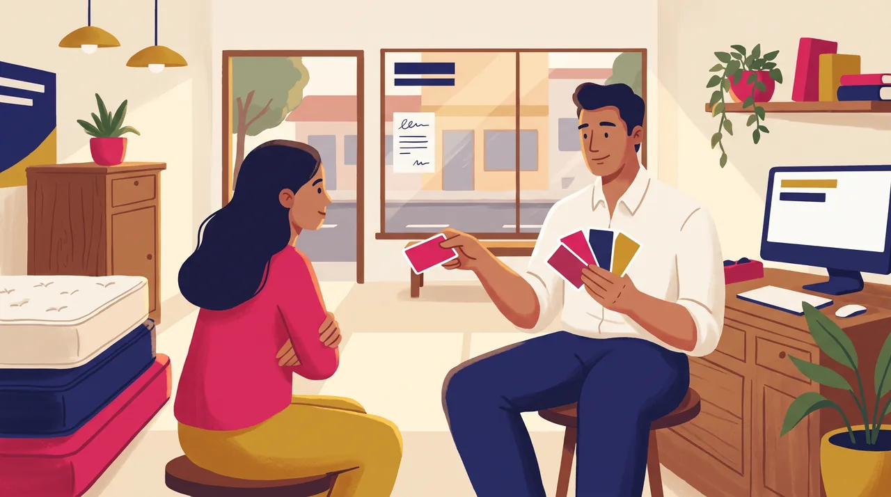 Vendedor de colchões vira uma carta de um leque de cartas coloridas para cliente que descruza os braços e se inclina.