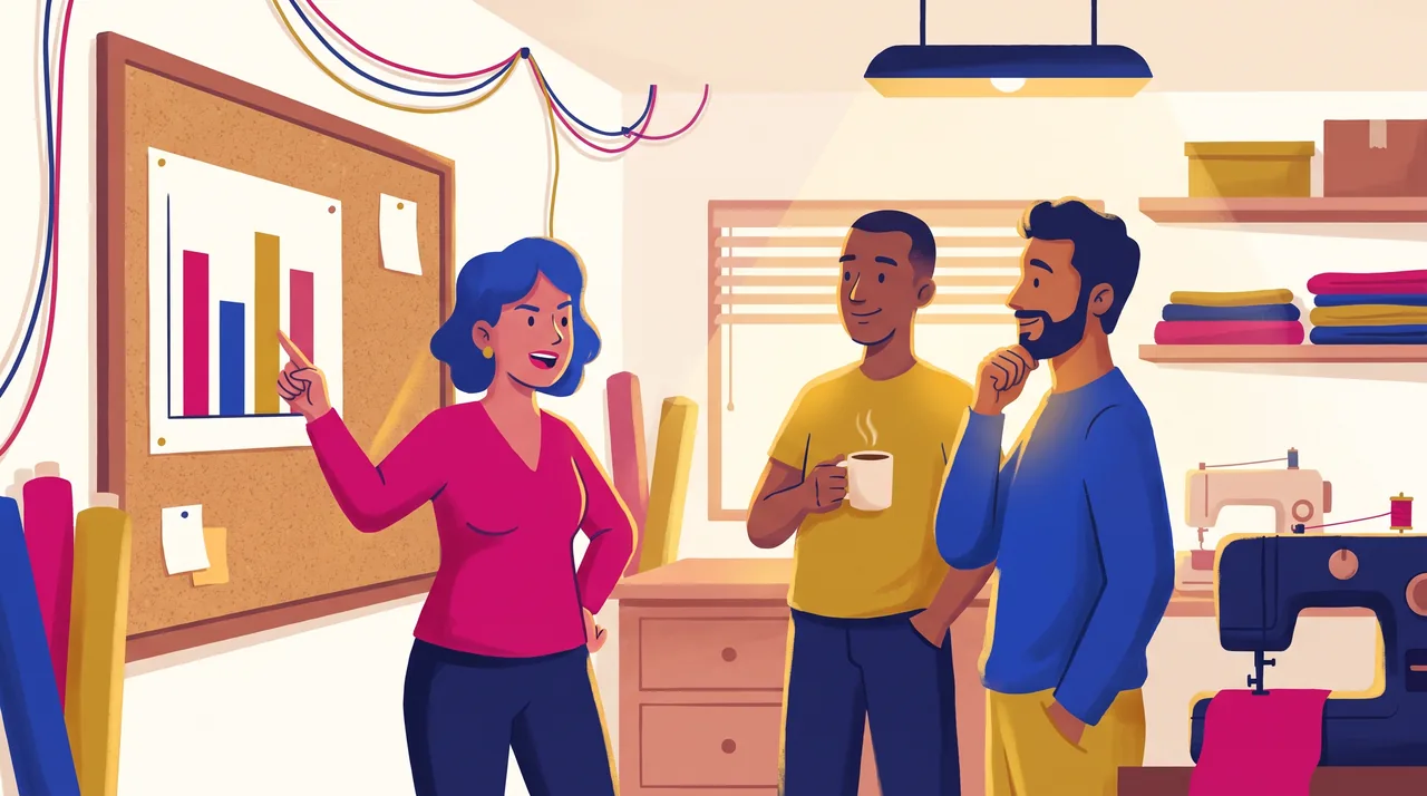 Dona de loja e dois sócios olham um único quadro com gráfico de barras simples enquanto ela aponta uma barra.