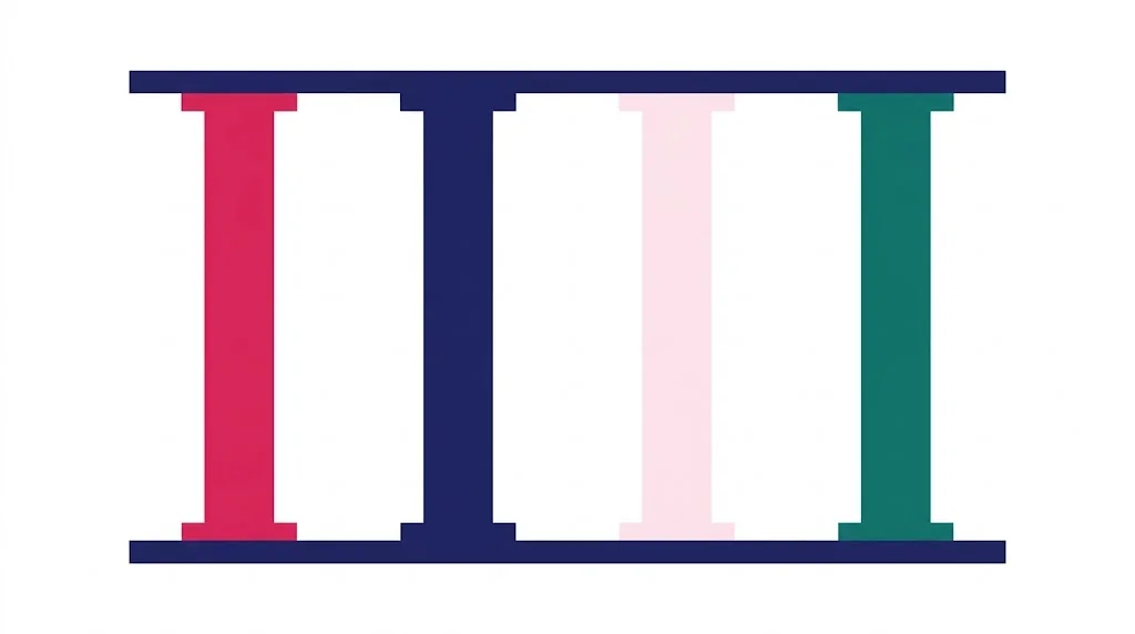 Quatro colunas de cores distintas, rosa, azul-marinho, rosa claro e verde, apoiadas numa base contínua e sustentando juntas uma única plataforma horizontal