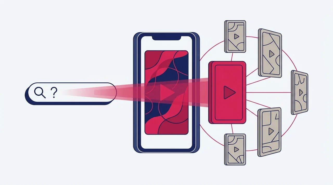 Ilustração: à esquerda, um campo de busca com lupa e ponto de interrogação emite um feixe; ao centro, um celular na vertical exibe um vídeo; à direita, várias peças de vídeo menores se abrem em leque, ligadas por linhas finas.