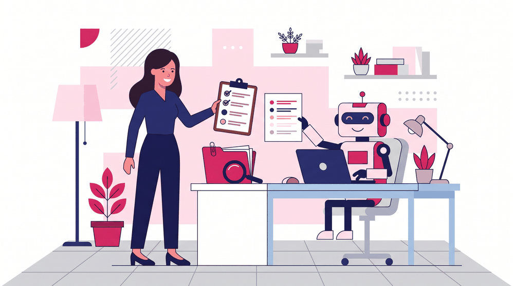 Ilustração flat de um escritório: uma gestora de marketing entrega uma prancheta de ordem de serviço com itens marcados a um robô assistente sentado à mesa com laptop; ao lado, uma pasta de documentos com lupa representa as fontes anexadas, e o robô devolve uma folha organizada com marcadores.