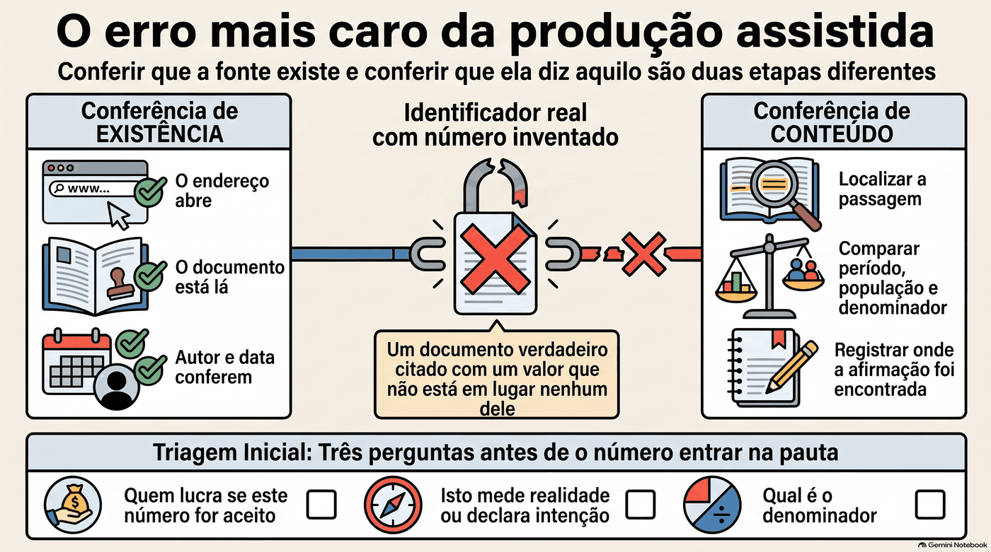Infográfico da dupla conferência de fonte: à esquerda, a conferência de existência, com o endereço que abre, o documento no lugar e autor e data que conferem; ao centro, o identificador real com número inventado, ou seja, um documento verdadeiro citado com um valor que não está nele; à direita, a conferência de conteúdo, com localizar a passagem, comparar período, população e denominador, e registrar onde a afirmação foi encontrada; embaixo, as três perguntas da triagem inicial.