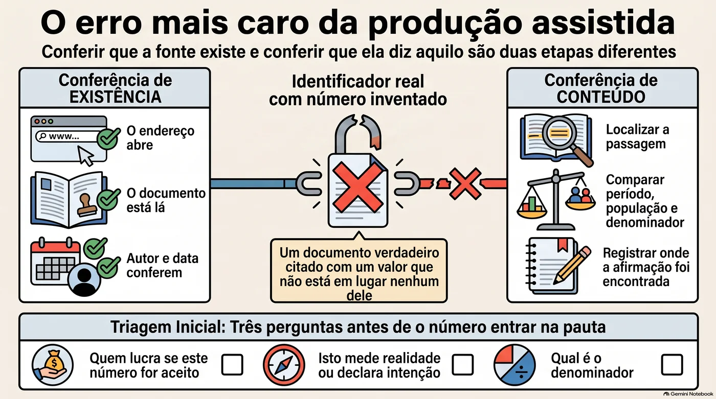 Infográfico da dupla conferência de fonte: à esquerda, a conferência de existência, com o endereço que abre, o documento no lugar e autor e data que conferem; ao centro, o identificador real com número inventado, ou seja, um documento verdadeiro citado com um valor que não está nele; à direita, a conferência de conteúdo, com localizar a passagem, comparar período, população e denominador, e registrar onde a afirmação foi encontrada; embaixo, as três perguntas da triagem inicial.