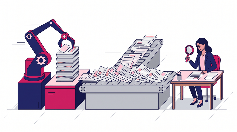 Ilustração flat de uma linha de produção editorial: à esquerda, um braço robótico empilha documentos em ritmo acelerado; no centro, uma esteira acumula papéis em fila; à direita, uma única inspetora examina um documento com lupa sobre a mesa.