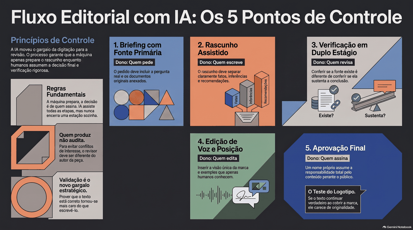 Infográfico do fluxo editorial com IA em cinco pontos de controle: briefing com fonte primária, rascunho assistido, verificação em duplo estágio, edição de voz e posição, e aprovação final, cada um com o dono nomeado; ao lado, as regras fundamentais de que a máquina prepara e a decisão é de quem assina, de que quem produz não audita, e de que a validação virou o gargalo estratégico.
