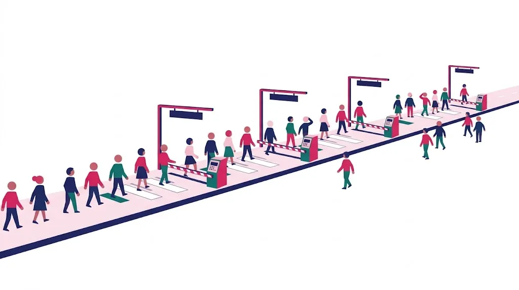 Ilustração de um formulário desenhado como praça de pedágio, em que cada campo funciona como uma cancela cobrando tempo e confiança de quem preenche