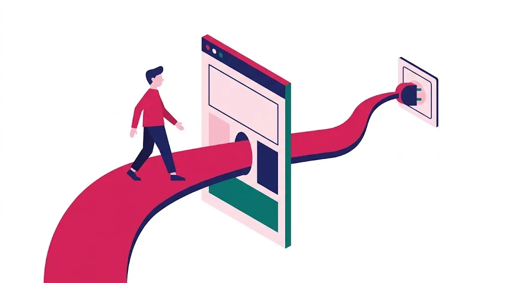 Ilustração de uma pessoa atravessando uma página web como se fosse uma passarela e chegando ao outro lado, onde a travessia se transforma em conexão entre visitante e empresa