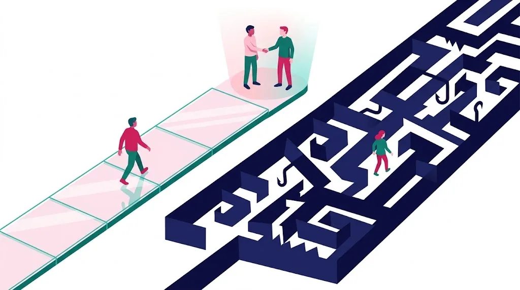 Ilustração dividida em dois lados que contrasta uma interface honesta e transparente com uma interface manipuladora cheia de armadilhas escondidas