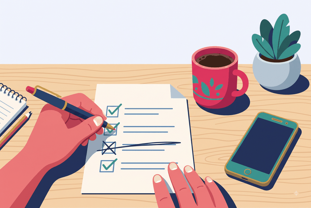 Mão riscando itens de um checklist impresso com caneta, sobre a mesa de trabalho com café e celular