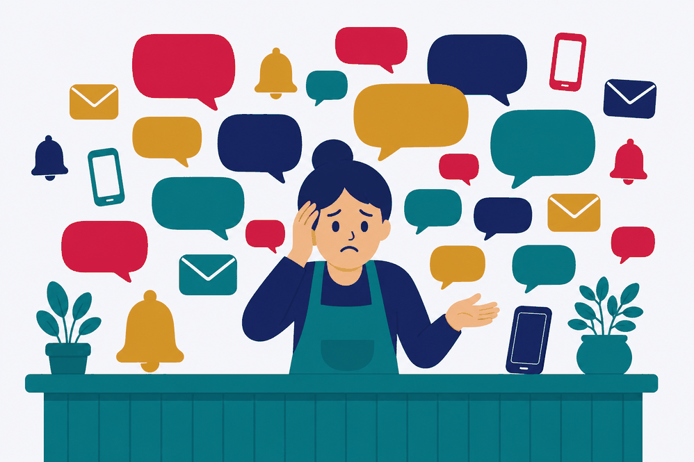 Dona de negócio atrás do balcão numa segunda-feira, cercada por balões de mensagem e ícones de notificação que se acumulam