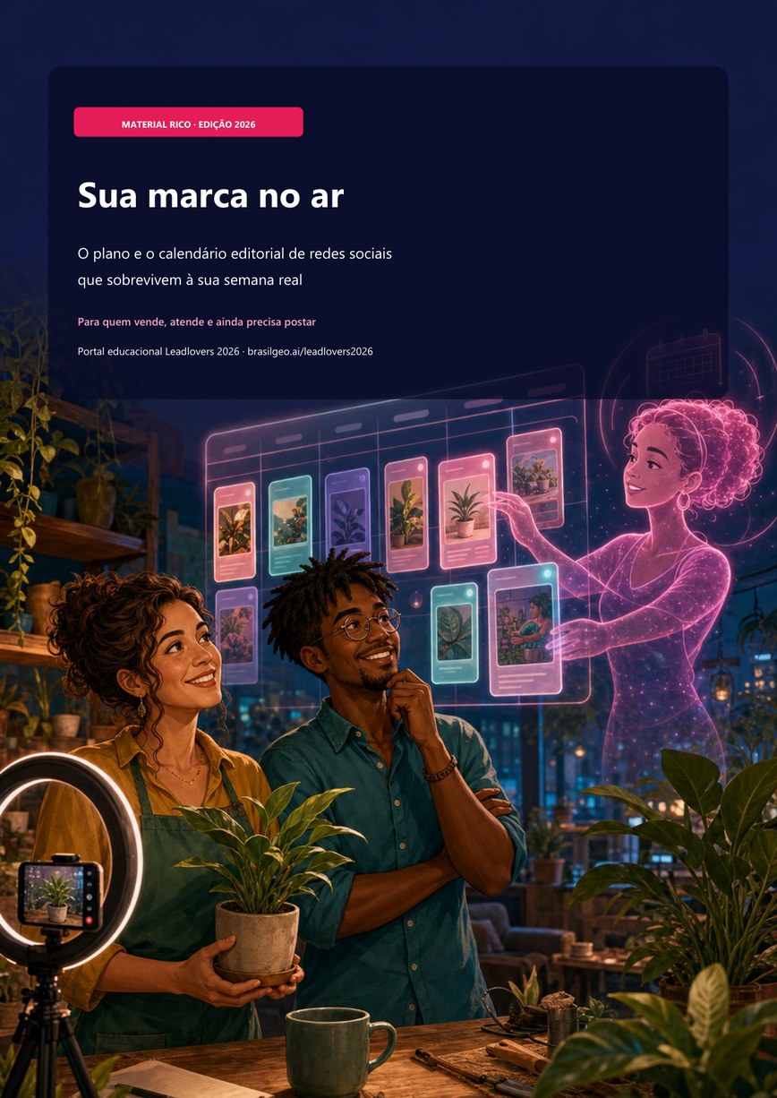 Capa do e-book Sua marca no ar, com Dani, Rafa e Lídia montando a grade semanal dentro de uma loja de plantas transformada em estúdio